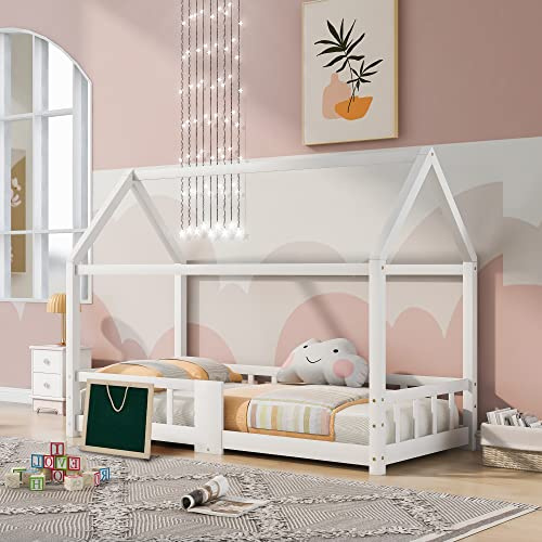 Vopese Bettgestell Kinderbett Hausbett 90 x 200 cmHolzbett für Kinderzimmer inkl.Tafel Lattenrosten Rausfallschutz, aus KiefernholzWeiß (ohne Matratze) WF197916AAW