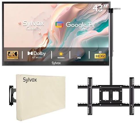 SYLVOX 43 TV Extérieur avec Housse & Support Plafond à écran de 32 à 65 Pouce, 4K UHD 2000Nits for Outside, Smart Google Outdoor TV Étanche IP55, Dolby Atmos, Wi-FI et Assistant(Pool Pro 2.0)