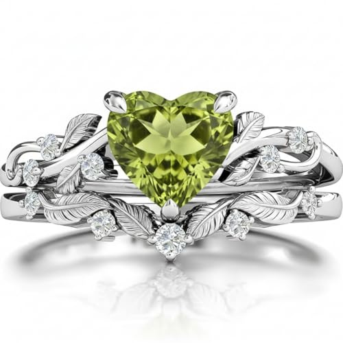 SILACETE 10K 14K 18K Gold Herz Peridot Verlobungsring Set für Damen Blatt Art Deco Ring Herzschliff Vintage Ranke Peridot Braut Hochzeits Versprechen Ring Set Größe4~15