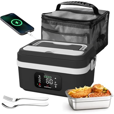 Tasofac Electric Lunch Box 1L, Stainless Steel Box Insulated Self Heating Battery Powered Heated for Adults Rechargeable Portable Auto Food Warmer with Tableware and Bag Car Work Travel Picnic Home