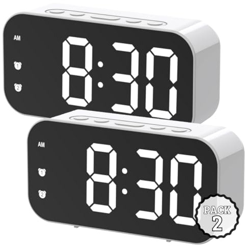 AKIDOS Pack de 2 – Reloj Digital Despertador con Doble Alarma, Pantalla LED Espejo HD, luz Nocturna cálida por Voz, Brillo Ajustable, Temperatura en Tiempo Real, silenciosos, Color Blanco