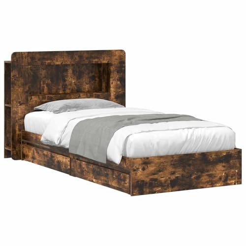 vidaXL Bettgestell mit Stauraum Geräucherte Eiche 90 x 190 cm, Modernes Schlafzimmer, rechteckige Form, Holzbettgestell, platzsparender Stauraum, funktionale Basics