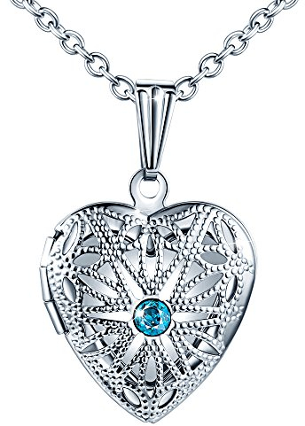 MicLee Damen Halskette Edelstahl Foto Medaillon Photo Bilder Amulett Blau Zirkonia Silber Anhänger Herzkette mit Geschenkbox Grußkarte