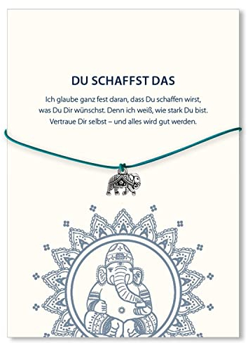 Glücksschmiedin – Mutmacher Geschenk – Kraft Armband mit Elefant-Anhänger & Spruchkarte „Du schaffst das“ – Glücksbringer für Motivation & Stärke – Handgefertigt in Deutschland (Türkis)