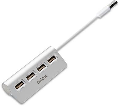 Nilox, Hub USB a 4 Porte, Hub USB 2.0 con Base Antiscivolo, con 4 Ingressi e Velocità di Trasferimento di 480 Mbps, Installazione Immediata Plug&Play, Alluminio