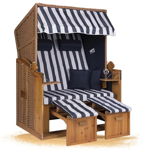 Strandkorb Hanse Strandkorb Ostsee XXL Volllieger Blau - 2-Sitzer 120cm breit, ideal für Garten, Terrasse und Balkon (Blau Weiß Gestreift, zerlegt)