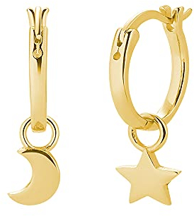 925 Sterling Silber Creolen mit Anhänger Ohrringe für Damen, Mädchen und Frauen Kreolen hängend klein mit Mond und Stern (Gold)