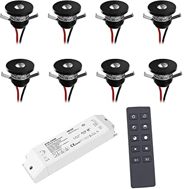 VBLED© 6-er Set 1W LED Aluminium Mini Einbaustrahler schwarz warmweiß mit RF Netzteil und Fernbedienung