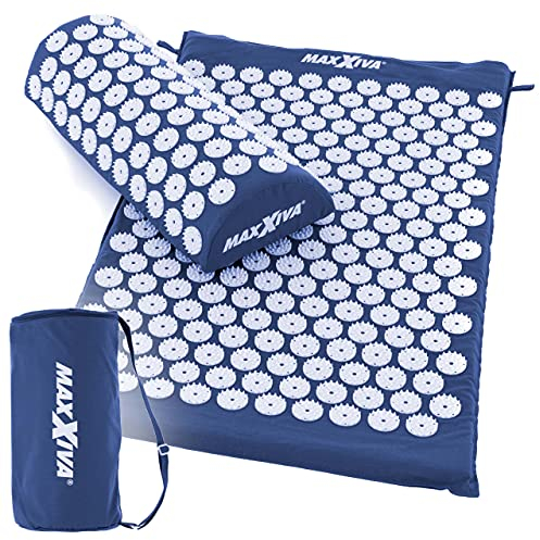 MAXXIVA Akupressurmatte Set 75 x 42 cm mit Kissen mit Tragetasche Yantramatte Fakirmatte Durchblutung Massage (Blau)