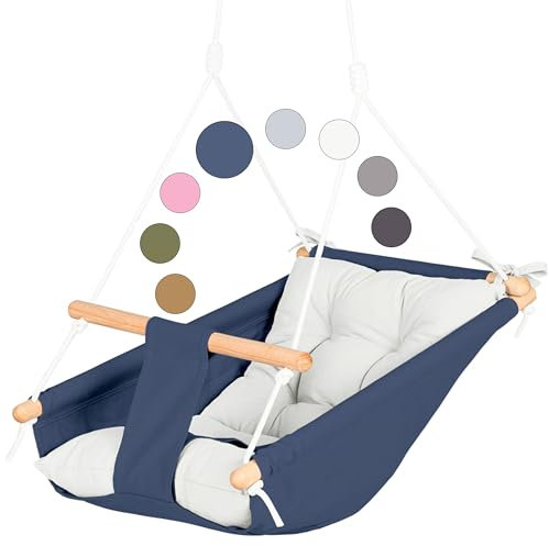 CaTeam - Baby-Hängemattenschaukel aus Segeltuch, Hängeschaukel aus Holz mit Sicherheitsgurt, langlebiger Baby-Hängemattenstuhl, Außen- und Innenschaukel für Kinder, Blau