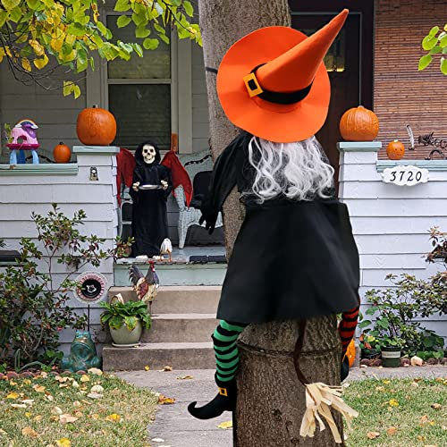 POPGIFTU Halloween-Deko Outdoor – 135 cm Halloween Hexe Kracht gegen Baum, Witzige Fliegende Hexendeko zum Hängende für Garten, Vordervoranda, Gruselhaus, Hof, Partydeko, Outdoor/Indoor