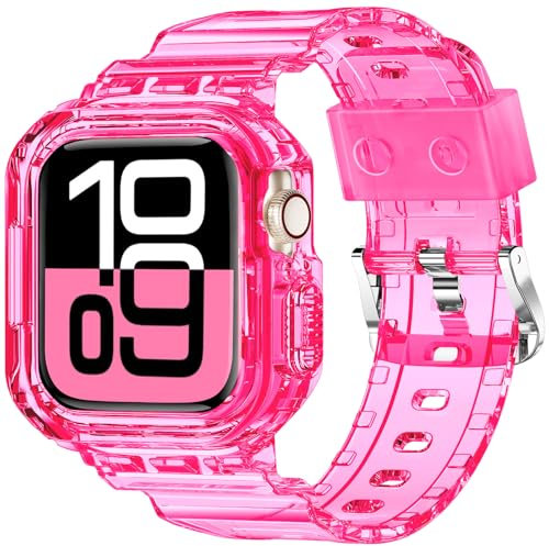 XYF Compatible for Crystal Clear Apple Watch Bands, 41mm 40mm 38mm Bumper Case for Men Women Jelly Sport Cover Strap for iWatch Ultra 2/1 Series 10 9 8 7 SE 6 5 4 3 2 1 (Neon Clear HotPink, 38/40/41)