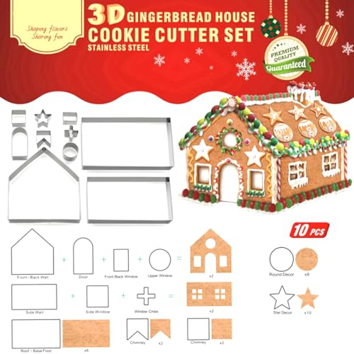 3D Weihnachten Ausstechformen, Plätzchen Ausstecher 3D, Plätzchenformen Weihnachten, 3D Keksausstecher Weihnachten, Kekse Ausstechformen Lebkuchenhaus, für Kekse Backen Küche Zubehör,10 Stück
