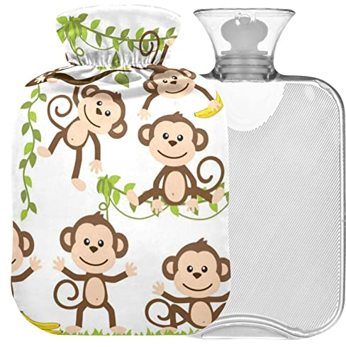Naanle Cartoon Affe Wärmflasche mit Bezug Transparente Warmwasserflasche 1L Wärmflasche für Bett Handfüße Wärmer Schmerzlinderung Wärme und Kältetherapie