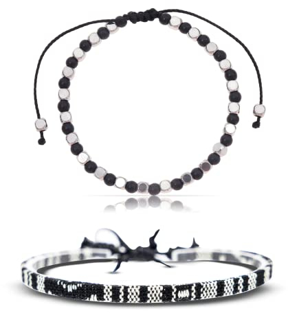 Made by Nami Boho Surfer-Armband 2er Set Herren & Damen - Handmade Strand Festival Accessoires - Perlen-Armband Männer Frauen - 100% Wasserfest & verstellbar (Schwarze Perlen ES Boho)