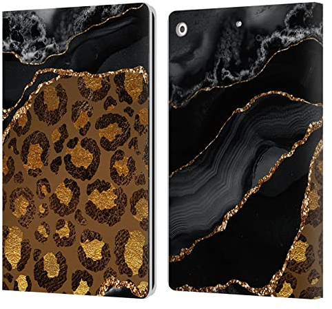 Head Case Designs Offizielle UtArt Dunkelvergoldeter Leopard Wildkatze Marmor Leder Brieftaschen Handyhülle Hülle Huelle kompatibel mit Apple iPad 10.2 2019/2020/2021