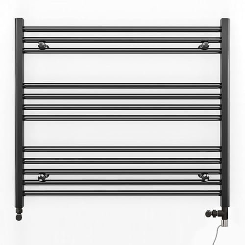 Myhomeware 800mm Wide Black Dual Fuel Electric Radiator Bathroom Towel Rail Radiator With Thermostatic and Standard Electric Element UK (800 x 700 mm (h), Standard Electric Element)