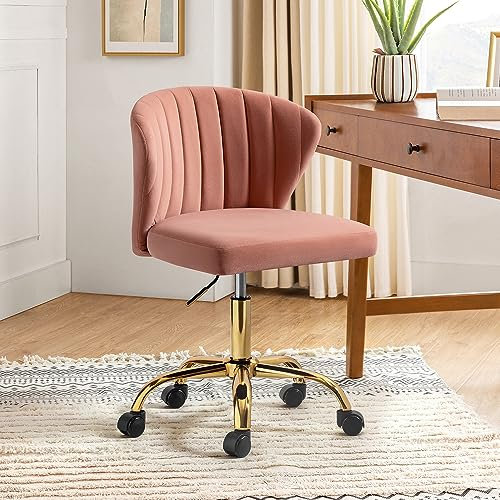 HULALA Home Chaise de Bureau Moderne, Chaise Coquille, Fauteuil de Bureau en Velours, Siège Roulante Pivotante à Dossier Bas Réglable, pour Salle de séjour, Salle d'Etude,Rose