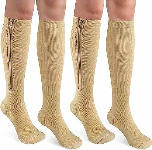 Reißverschluss Kompressionsstrümpfe 2 Paare für Frauen und Männer 15–20 mmHg für Krampfadern, Ödeme, Erholung, schwanger (as3, alpha, s, m, regular, regular, Beige)