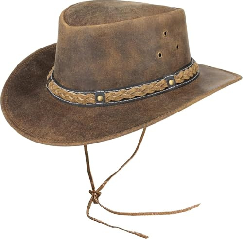 Pamposh Cowboy Hat Women Men Real Leather Western Style Wide Brim Cowgirl Hat Shapeable Lightweight Handcrafted Durable Bush Hat Brown