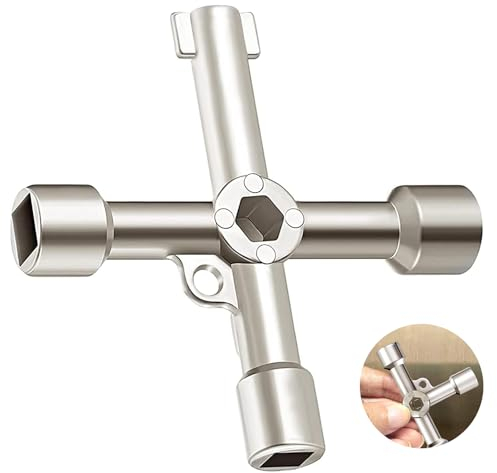 AONAT Llave Multifuncional de 4 Puntas, Llave de Utilidad Multifuncional, Llave Cruzada, Llave de Medidor de Agua, para Contador Agua, Armario Eléctrico, Ascensor, Contador Gas, Válvulas (Plata)
