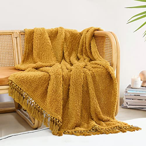 Ultra Soft Cozy Fleece Sherpa Throw Blanket, Light Weight Warm Decorative Throw Blanket with Tassel, 2 Tones Yellow Pattern Reversible Boho Blanket for Sofa, Couch, Bedroom,Travel, 127x152cm