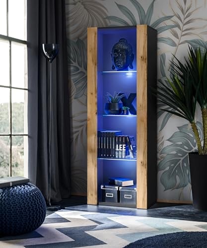 Komodee Vitrine Armoire Tivoli, Noir/Wotan, Largeur 55cm x Hauteur 159cm x Profondeur 35cm,LED Bleu, 3 étagères, pour Salon, Chambre, Entrée