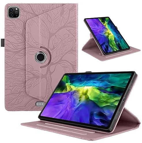 TEDTIKJT Coque pour iPad Pro 11 11(2022/2021/2020 4th/3rd/2nd Gen) Flip PU Cuir 360°Rotatif Multi-Angle Stand Housse Cover Vie Arbre Tablette Protection Coque iPad air 11 2024 2025,Rose Gold