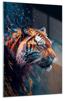 Moderne Impression sur Verre Tigre Colorato Animale Image Tableau en Verre Decoration Murale 50x70cm Deco Salon Chambre Cuisine Vertical Petit Tableaux Decoratifs Muraux Art Wall Decor GPA50x70-5736