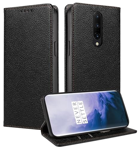 FERLAN Hülle für OnePlus 7 Pro Schutzhülle [Litschi Leder][Kartenfach][Magnet][Standfunktion][RFID-Sperre],Handyhülle Ledertasche Kompatibel mit OnePlus 7 Pro - Schwarz