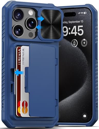 Vihibii for iPhone 15 Pro Wallet Case with Card Holder (4 Cards) & Slide Camera Lens Protective Cover & Kickstand, Heavy Duty Shockproof Rugged Durable Phone Case for iPhone 15 Pro 5G 6.1 2023, Blue