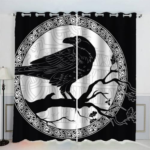 MEVASA Gardinen Krähe Verdunklungsvorhänge Wohnzimmer Schlafzimmer Kinderzimmer Mädchen Jungen 3D Polyester Gothic-Krähe Vorhänge Ösen 150 x 166 BxH