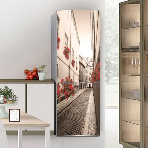 Fridge Wraps Kitchen Fridge Stickers Cover Full Doors, Fridge Sticker Full Covering Door Fridge Covers Decor, Freezer Skins Wall Stickers for Kitchen Decal, European Retro Town Street
