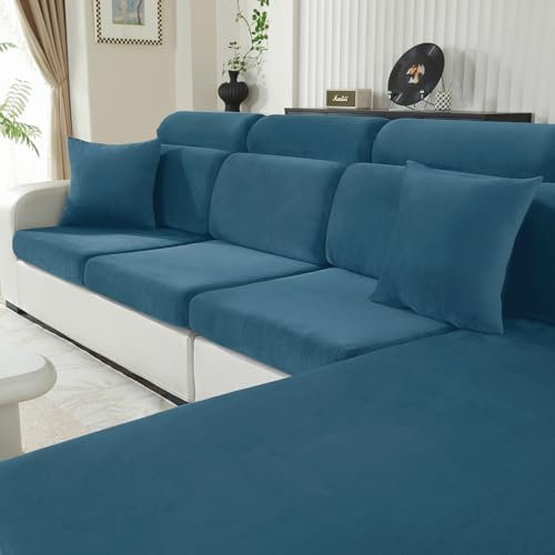 CYCMACO Samt Sitzkissenbezug, Stretch Sofa Sitzkissenbezug rutschfest, Universal Sofa Überzug Wohnzimmer, Elastischer Kissenbezüge, Waschbare(1-Sitzer*3, Pfau Blau)
