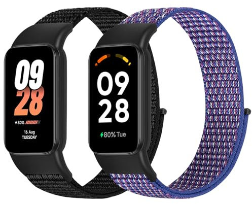 BTTNG Lot de 2 bracelets réglables en nylon respirant pour Xiaomi Band 8 Active/Redmi Smart Band 2, Noir foncé + indigo, Moderne