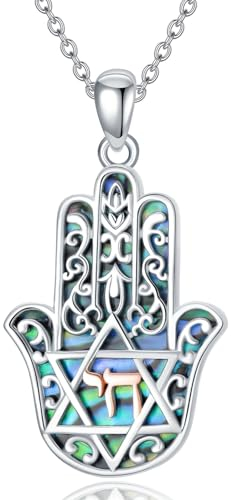 Hamsa Hand Halskette 925 Sterling Silber Abalone Schale Hebräisch Chai Anhänger Halsketten jüdische Schmuck Geschenke für Damen Ladies Männer