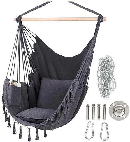 Garten Hängematte,Hängematte Outdoor,Maximale Belastbarkeit 130kg,inkl. 2 Sitzkissen,hochwertiger Baumwollstoff,für drinnen und draußen geeignet,mit Metallbeschlägen