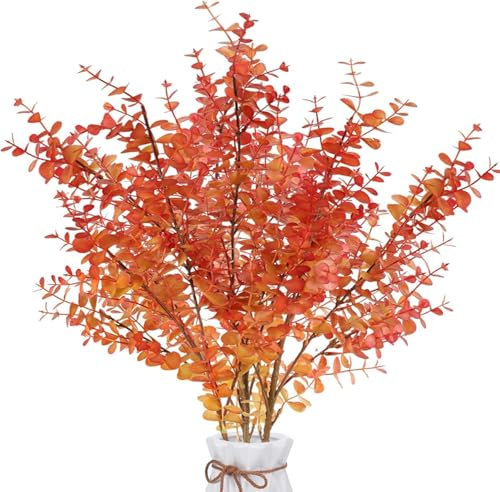 HASUDEI 3 Pcs Plante artificielle d'eucalyptus Feuilles rondes Plantes artificielles d'automne Branches d'eucalyptus Orange Plantes en plastique pour balcon Jardin Automne Mariage Vase Décoration 80CM