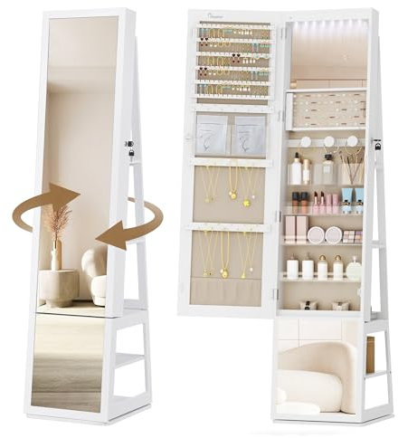 Hzuaneri Armoire à Bijoux 16 LEDs, 160cm Organisateur de Bijoux sur Pied avec Base rotative à 360°, Miroir verrouillable sur Toute la Longueur, Blanc et Beige JC16003BE