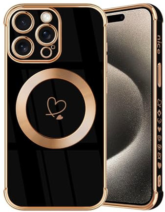 JRIANY Magnetic for iPhone 15 Pro Max Case, Compatible with MagSafe Silicone Case Love Heart Pattern Protective Flexible Shockproof Phone Case Cover Compatible with Apple iPhone 15 Pro Max - Black