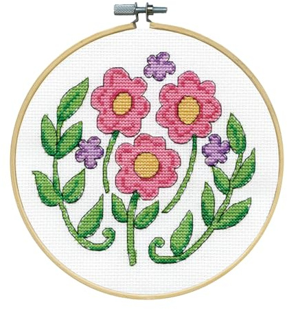 Design Works Crafts Kreuzstich Stickpackung mit Stickrahmen Rosa Blumen, Zählmuster