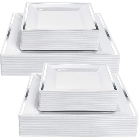 YAYODS 50 piatti in plastica riutilizzabili – 24/16,5 cm piatto da torta bianco – piatti quadrati con bordo argento – piatti da colazione in plastica per matrimoni, compleanni, feste