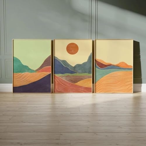 RDRDtbtr Mid Century Boho Mountain Golden Sun Wand Bilder Leinwandgemälde Abstrakte nordische Poster Kunstdrucke Bild für Wohnzimmer Wohnkultur 50x70cmx3 Ungerahmt