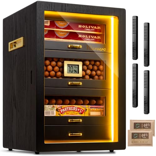 Marvero Desktop Zigarren Humidor mit 5 Schubladen aus Zedernholz, digitalem Hygrometer, Luftbefeuchter und Feuchtigkeitspaketen, für 200 Zigarren, Schwarz