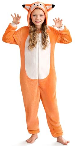 BesserBay Kinder Onesie Plüsch Overall mit Kapuze Fuchsohren Reißverschluss Tier Jumpsuit Fuchs Orange 5-6 Jahre