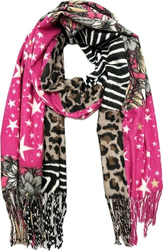XXL Leopard Blumen Stern Herbst Schal Winter Schal Stola Tuch Übergangsschal Wolle Baumwolle mit Fransen Leo (Pink)