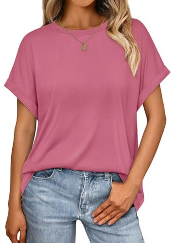 Cuptacc Tshirt Damen Sommer Kurzarm Rundhals T-Shirt Basic Lockere Shirt Damen Einfarbiges Oberteil Freizeit 2XL 50-52 Hibiskuslila