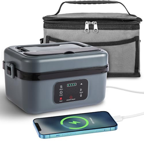 SOHIDA Fiambrera eléctrica inalámbrica, 16000 mAh, alimentada por batería, con función de reserva y mantener el calor, lonchera autocalentable de 60 W con recipiente extraíble 304 SS de 1,1 L y bolsa