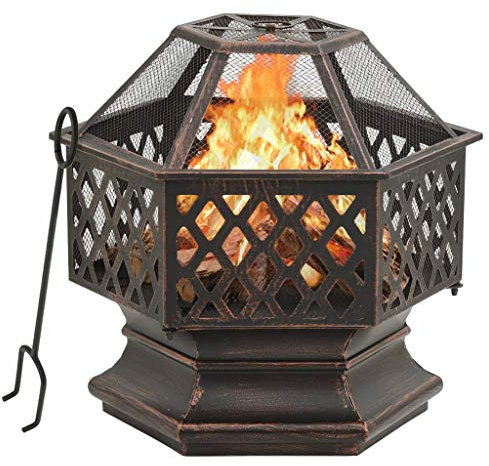 ShGaxin Feuerschale mit Schürhaken aus Stahl, 62 x 54 x 56 cm, Kohlegrill, Grill, Carbon und Le?a, Grillrost