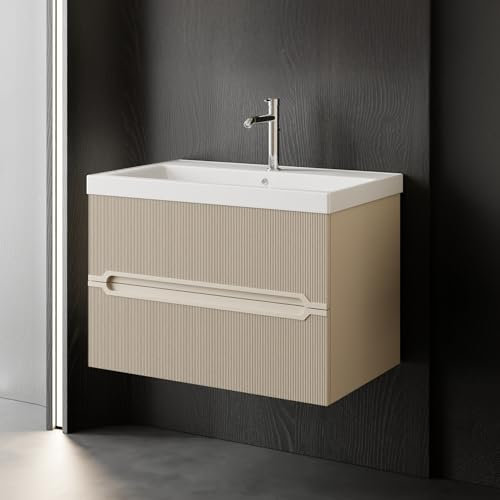 Karen Waschtisch mit Unterschrank Bella | Keramikwaschbecken | Unterschrank | Badmöbel | Aufsatzwaschbecken | Konsolenwaschtisch | Kaschmir Beige | Badezimmer | Riffel (Bella 80)